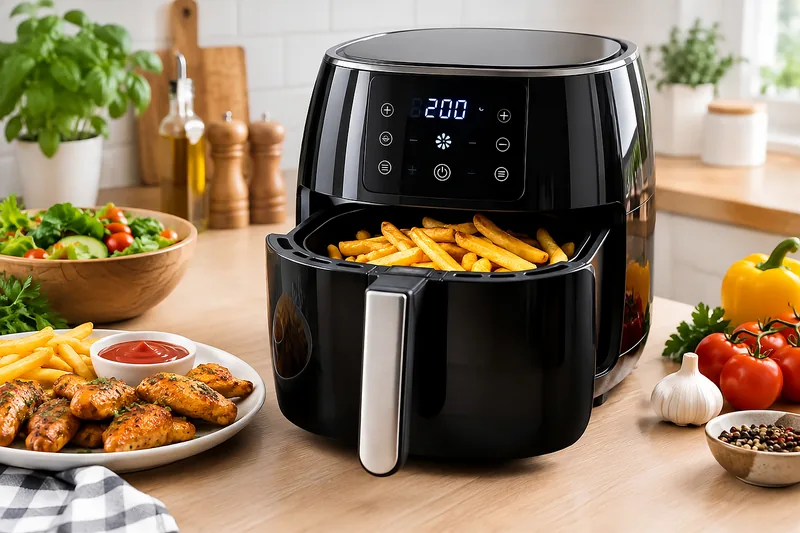 An air fryer on a kitchen counter with fries and wings beside it