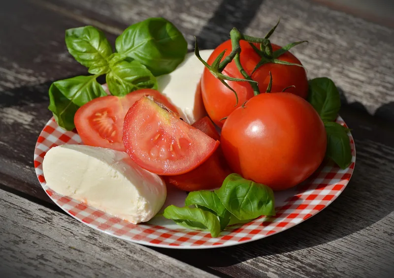 Tomatoes, mozzarella and basil on a plate