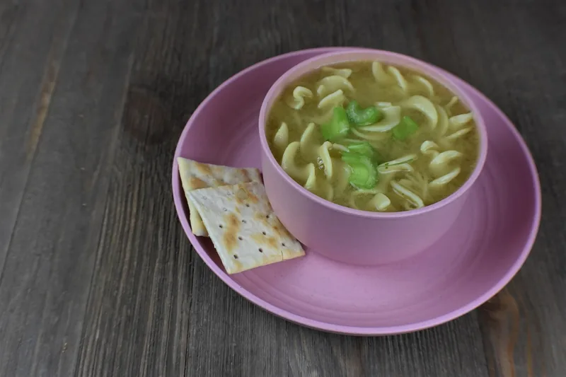 A child's bowl of noodle soup on a purple saucer with crackers
