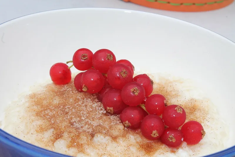 Rice pudding topped with redcurrants and cinnamon sugar