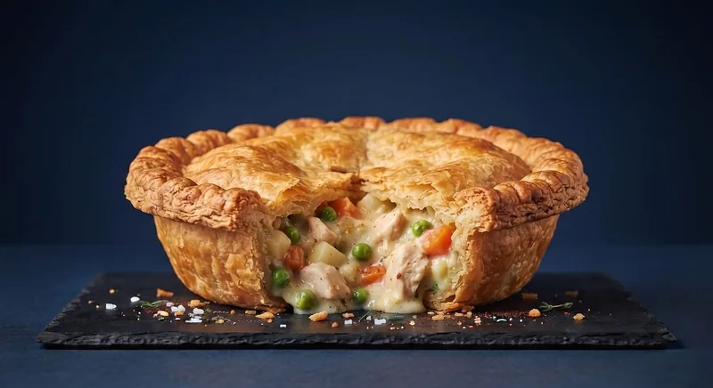 A chicken pot pie cut open to show chicken, peas and carrots in a creamy filling