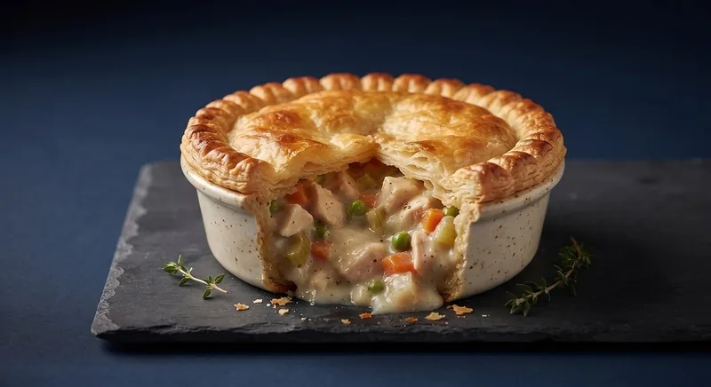 A single-serving pot pie in a ramekin with the crust broken open
