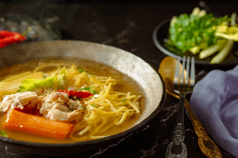 Chicken noodle soup with carrot, celery and shredded chicken
