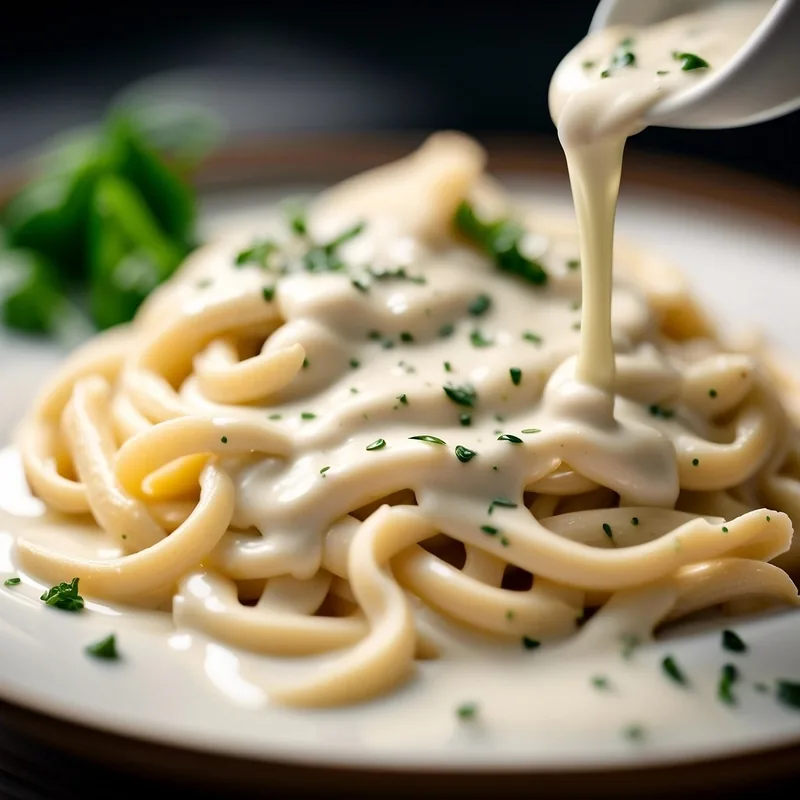 Alfredo sauce being poured over fettuccine
