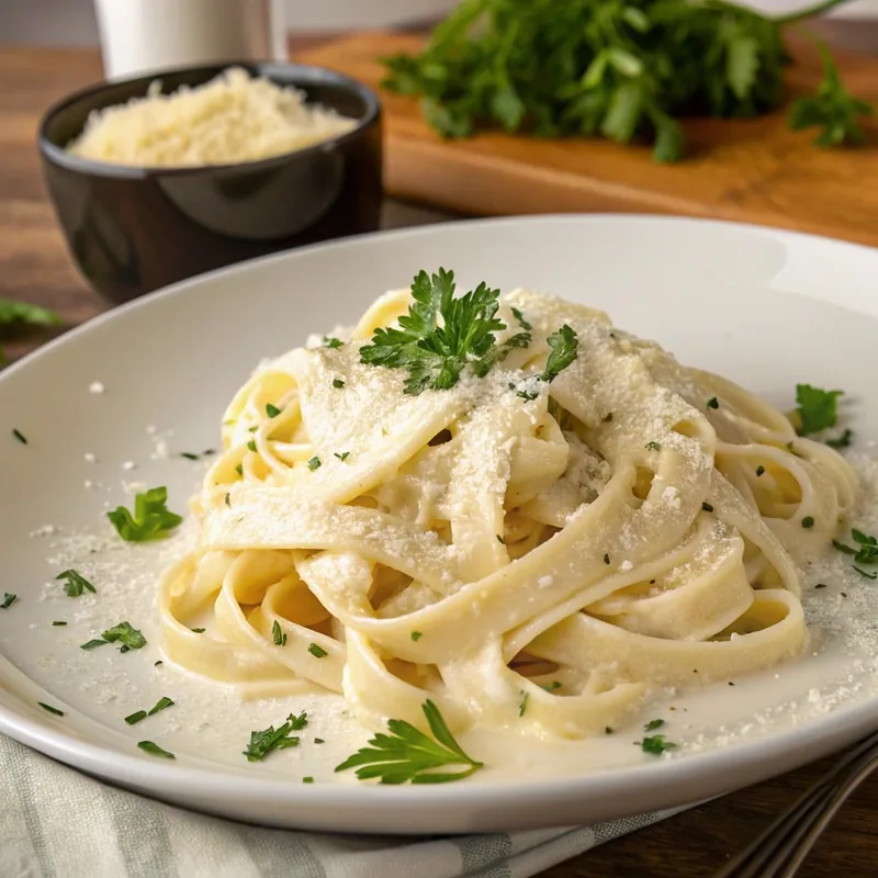Fettuccine alfredo with parsley and grated Parmesan on a white plate
