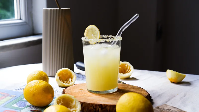 A glass of lemonade beside freshly squeezed lemons