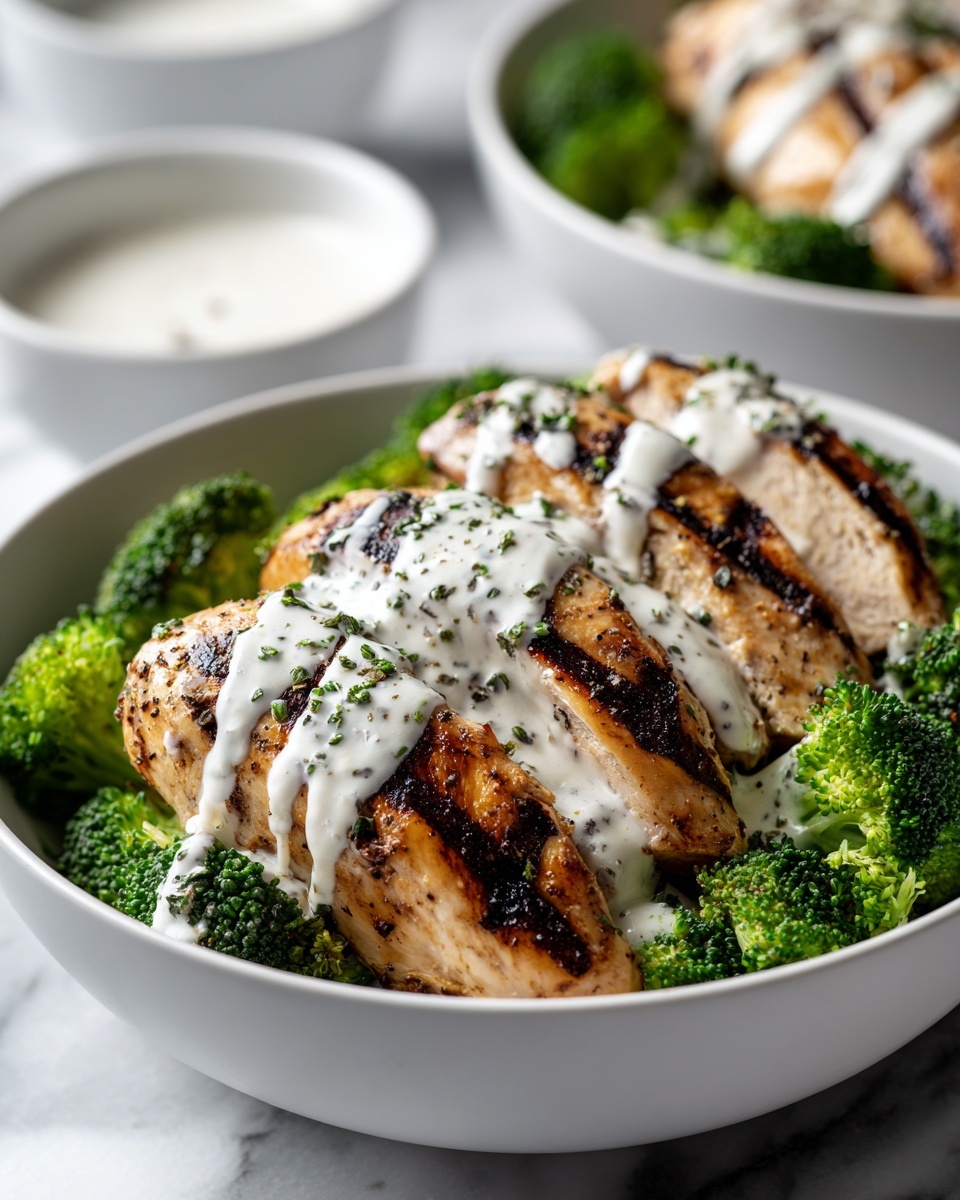 Grilled Chicken Broccoli Bowls with Creamy Garlic Sauce Recipe - Recipe Image
