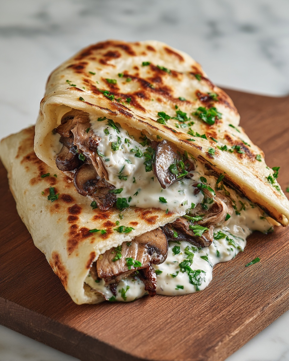 Cheesy Beef and Mushroom Pita Pockets with Tzatziki Sauce Recipe - Recipe Image