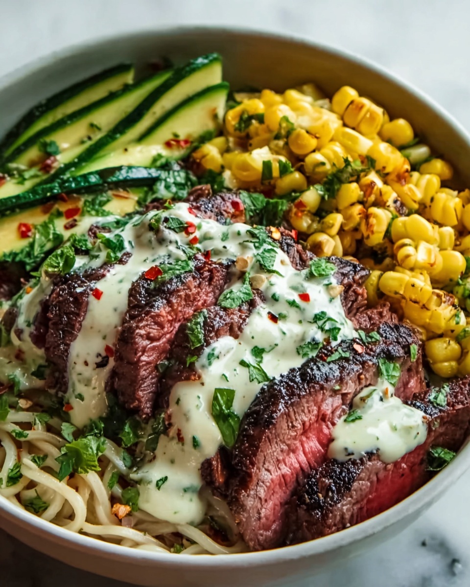 Steak, Avocado & Roasted Corn Bowl with Cilantro Cream Sauce Recipe - Recipe Image