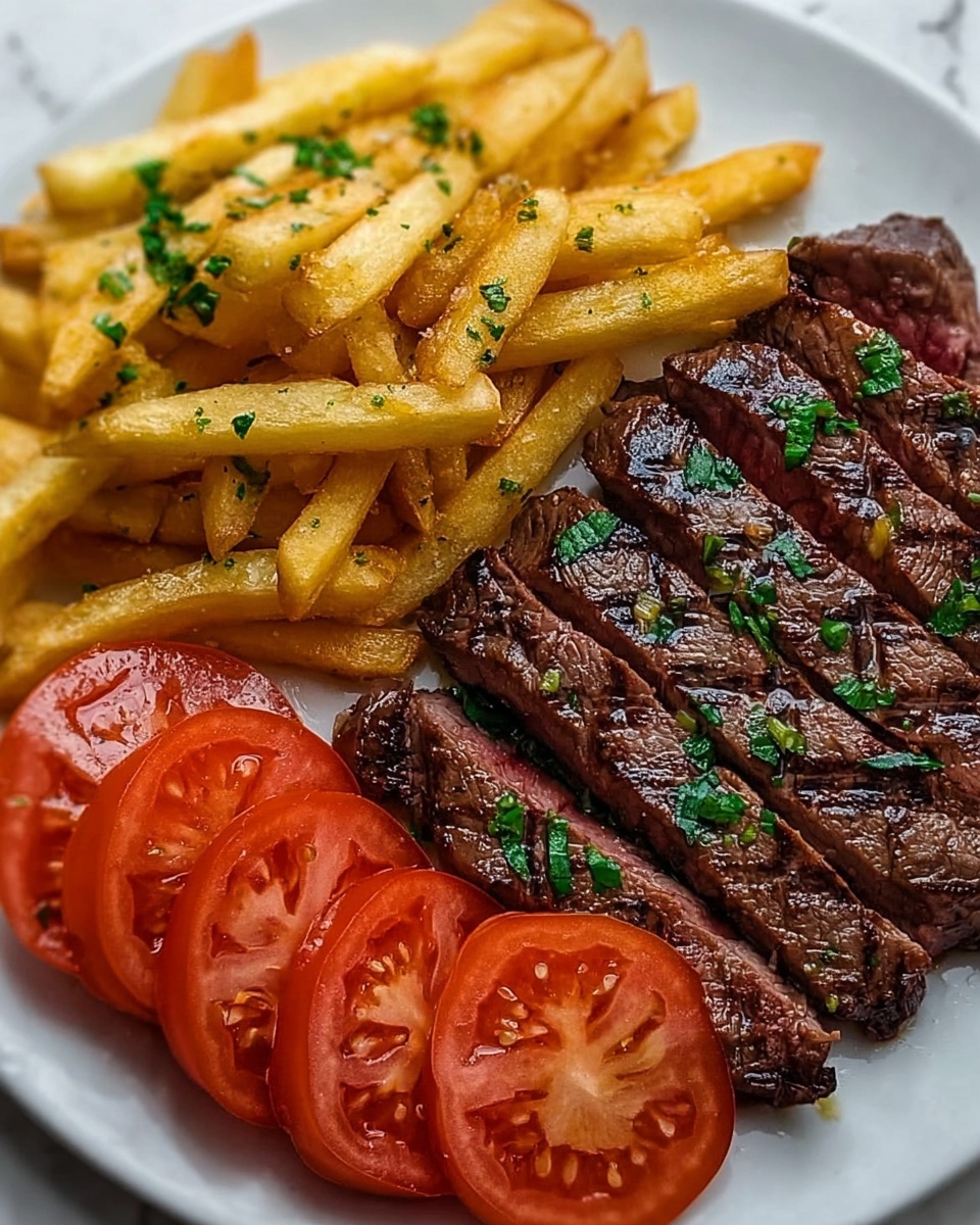 Grilled Steak with Tomato Salad and French Fries Recipe - Recipe Image