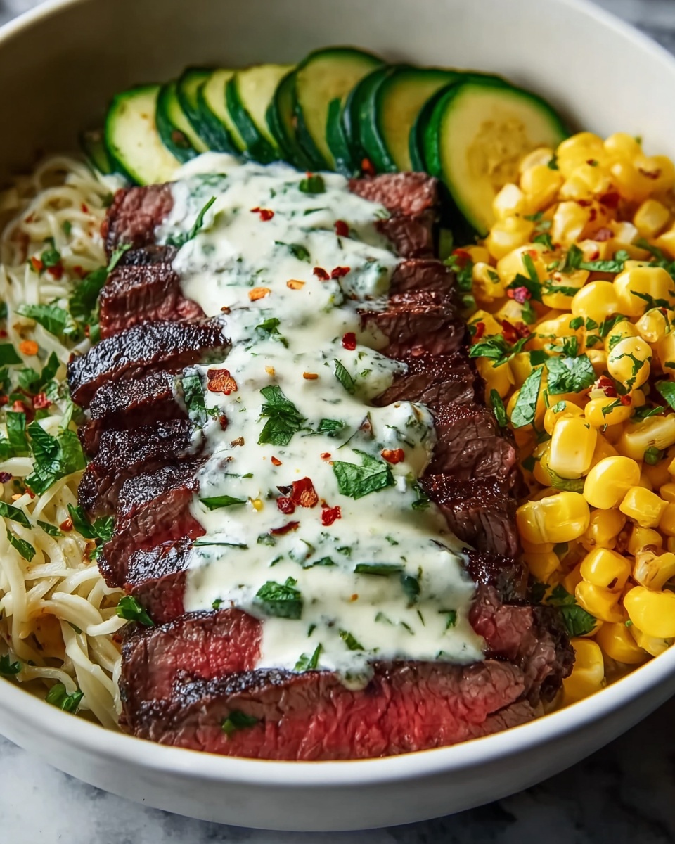 Steak, Avocado & Roasted Corn Bowl with Cilantro Cream Sauce Recipe - Recipe Image