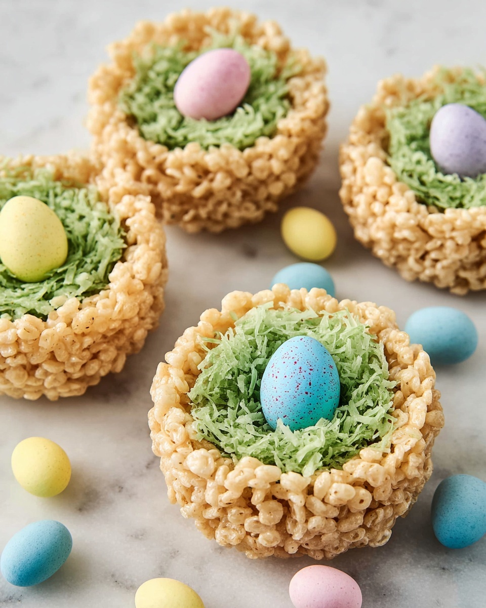 Adorable Rice Krispie Nests with Green Coconut and Candy Robin Eggs Recipe - Recipe Image