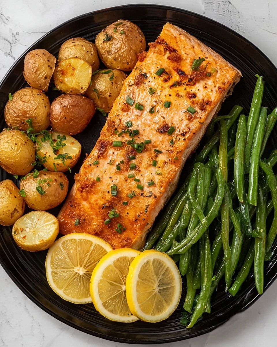 Easy Lemon Honey Salmon with Roasted Potatoes and Green Beans Recipe - Recipe Image