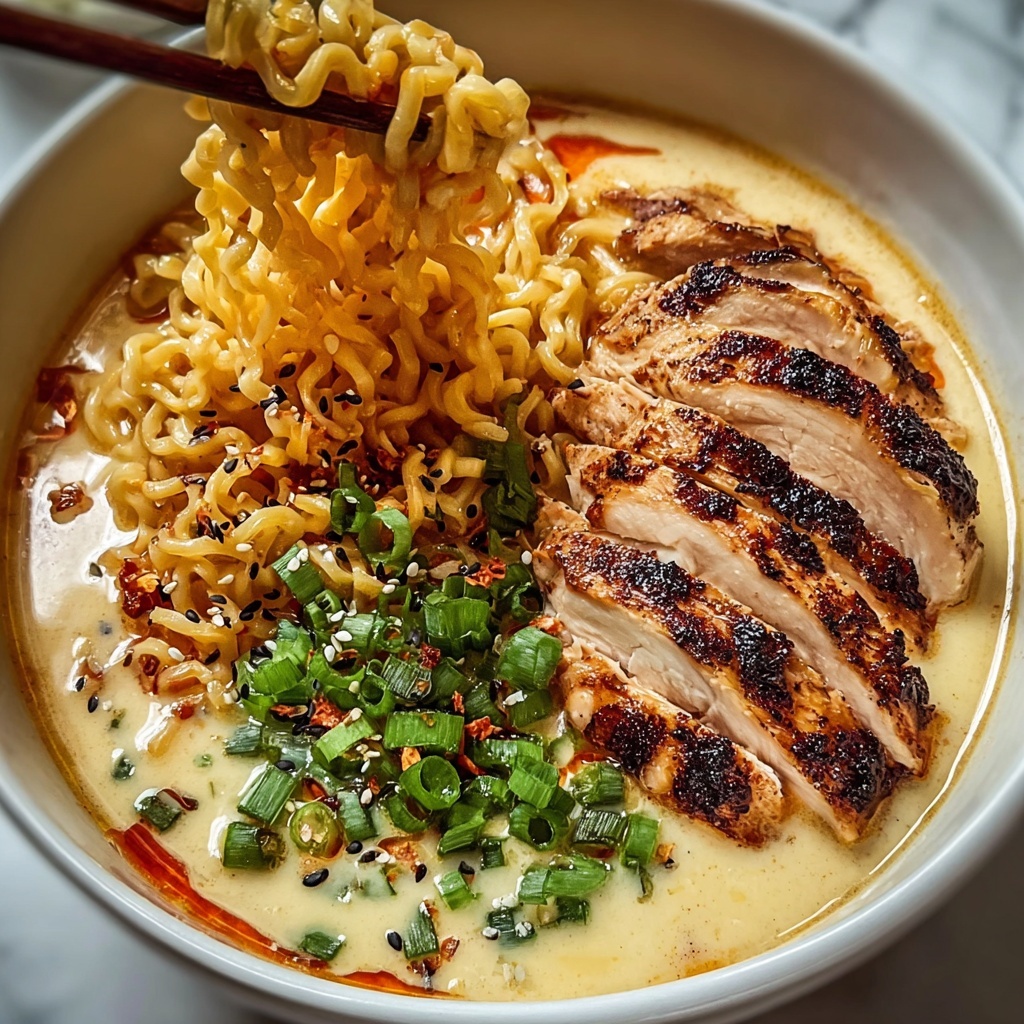 Fiery Chicken Ramen with Creamy Garlic Sauce Recipe - Recipe Image