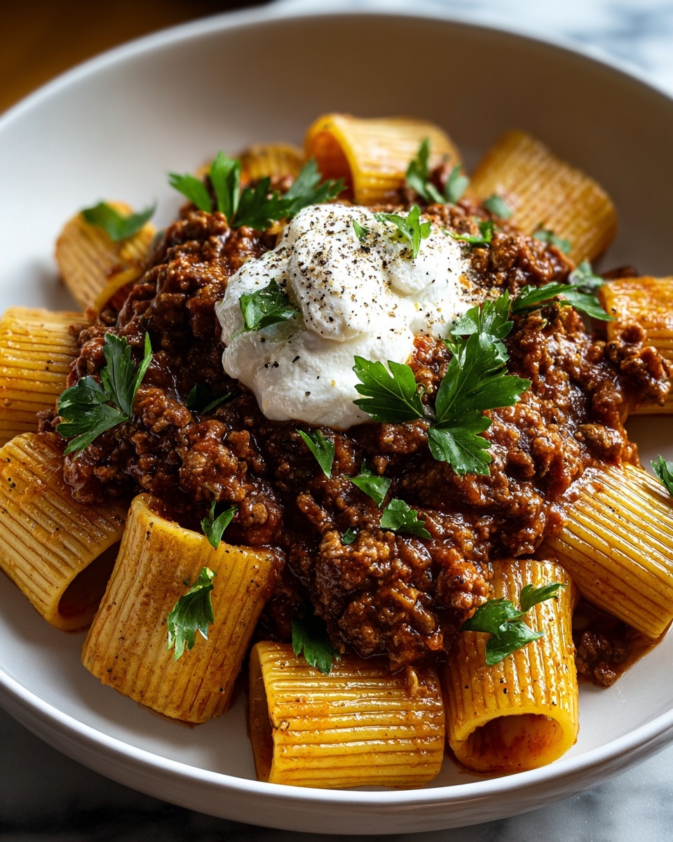 Grandma’s Meat Sauce Pasta with Burrata Recipe - Recipe Image