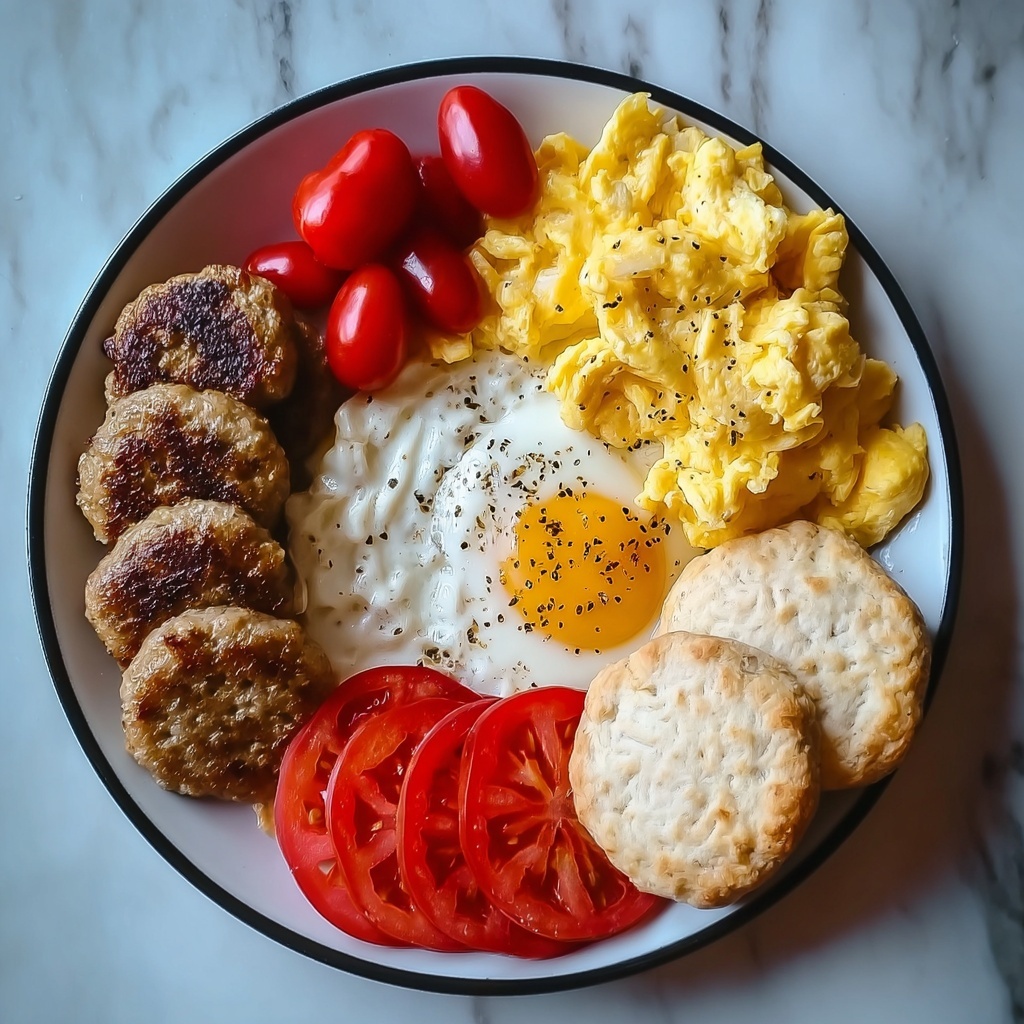 Breakfast Feast with Scrambled Eggs, Sausage Patties, Biscuits, and Tomatoes Recipe - Recipe Image
