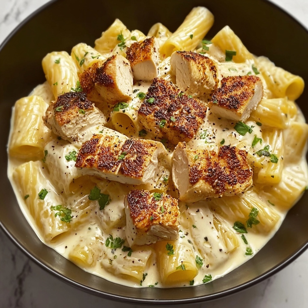 Creamy Garlic Butter Chicken and Rigatoni in Parmesan Sauce Recipe - Recipe Image