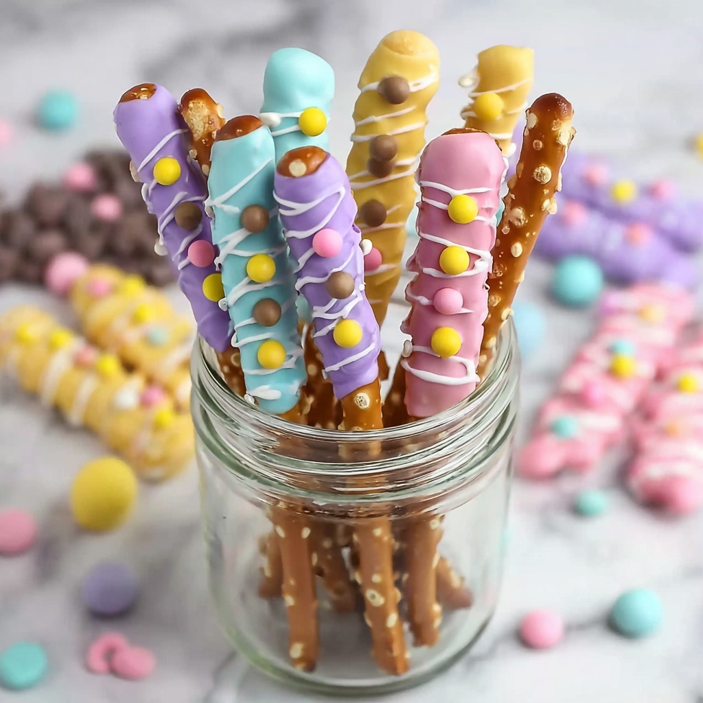 Easter Pretzel Rods with White Chocolate, M&Ms, and Candy Melts Recipe - Recipe Image