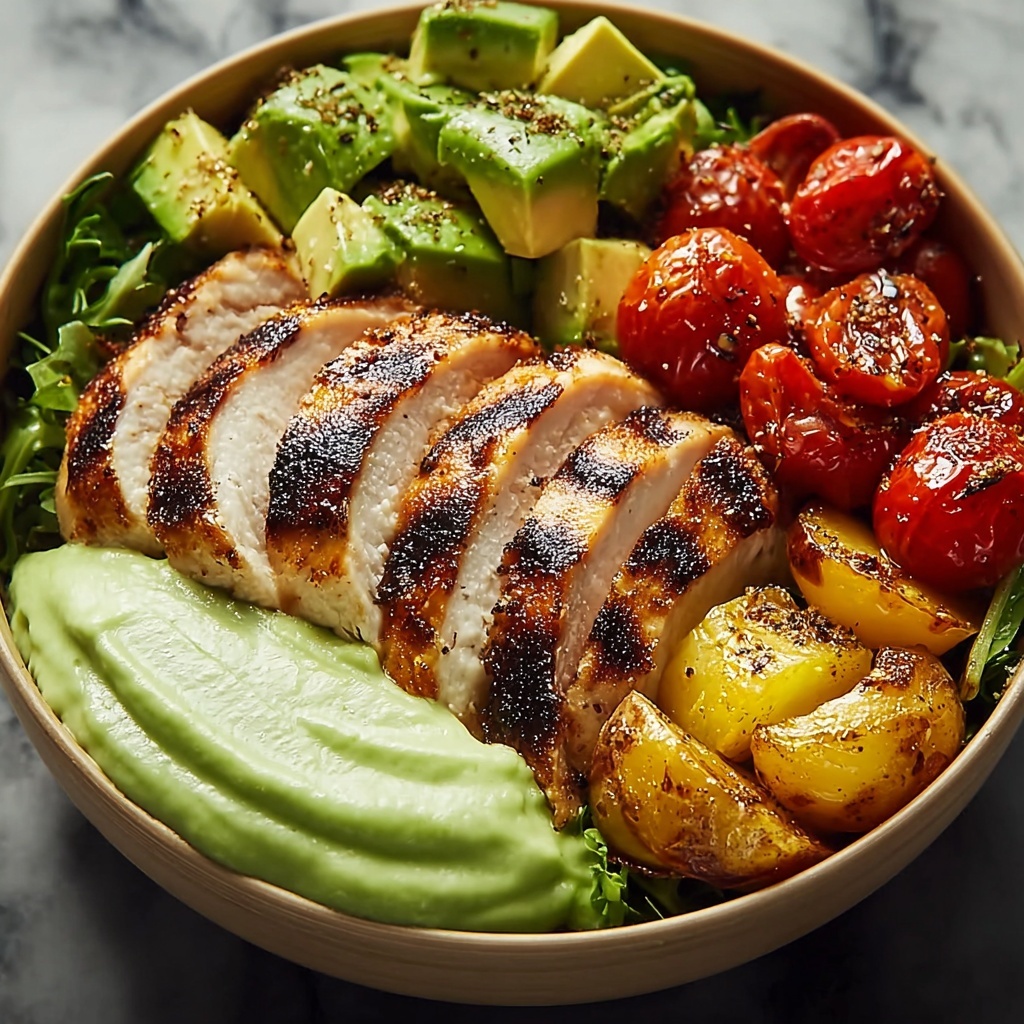 Grilled Chicken Bowl with Creamy Avocado Sauce and Veggies Recipe - Recipe Image