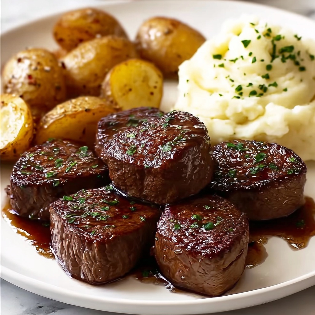 Garlic Butter Steak Bites with Cheesy Smashed Potatoes Recipe - Recipe Image