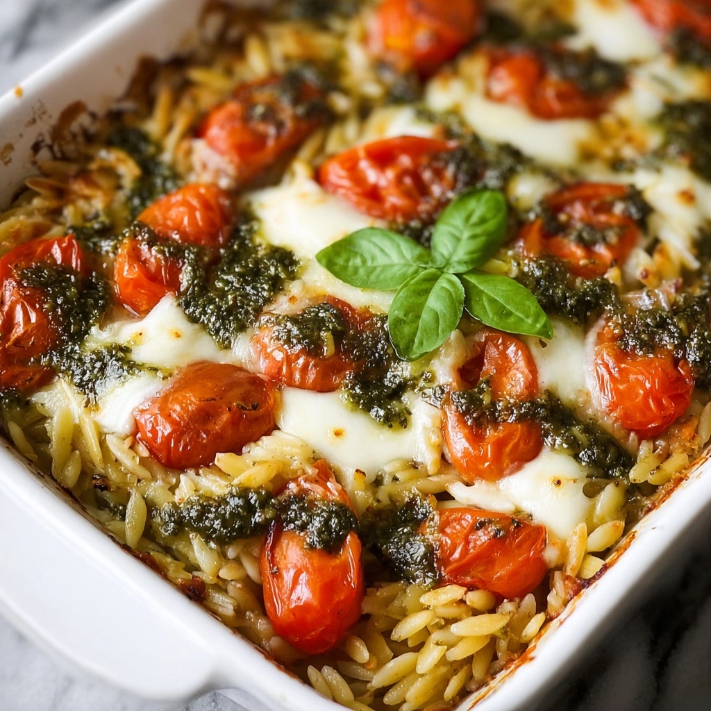 One Pan Caprese Pesto Orzo Bake Recipe - Recipe Image