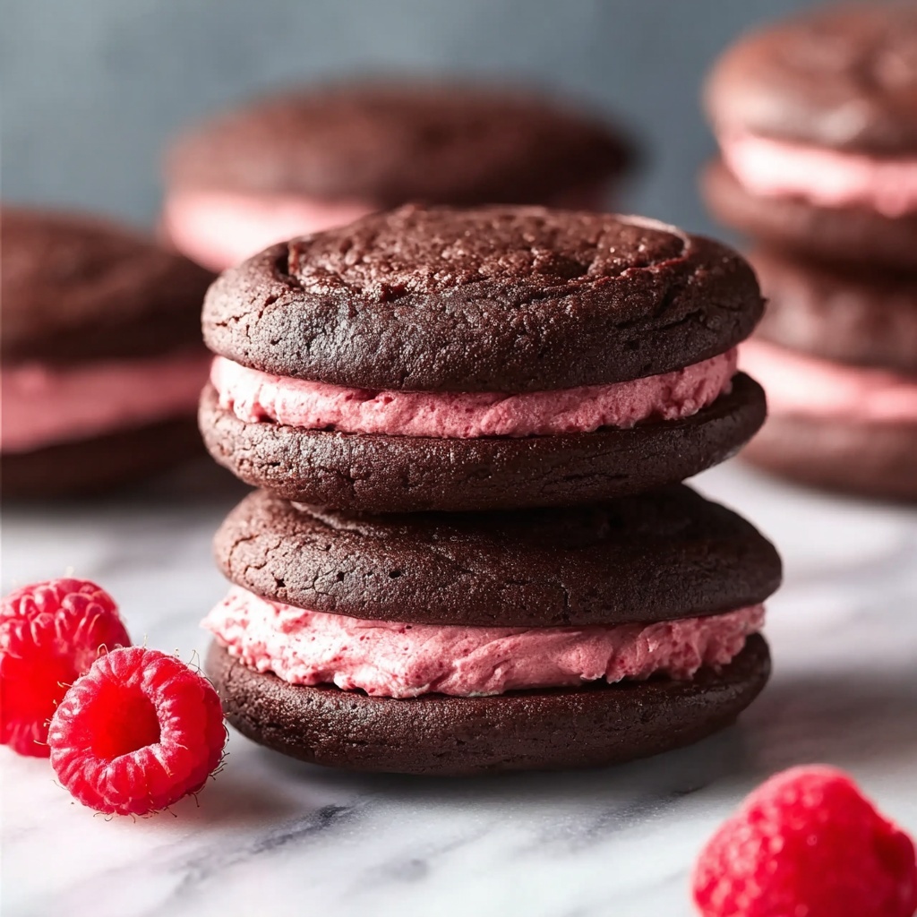 Chocolate Raspberry Sandwich Cookies with Ganache Drizzle Recipe - Recipe Image