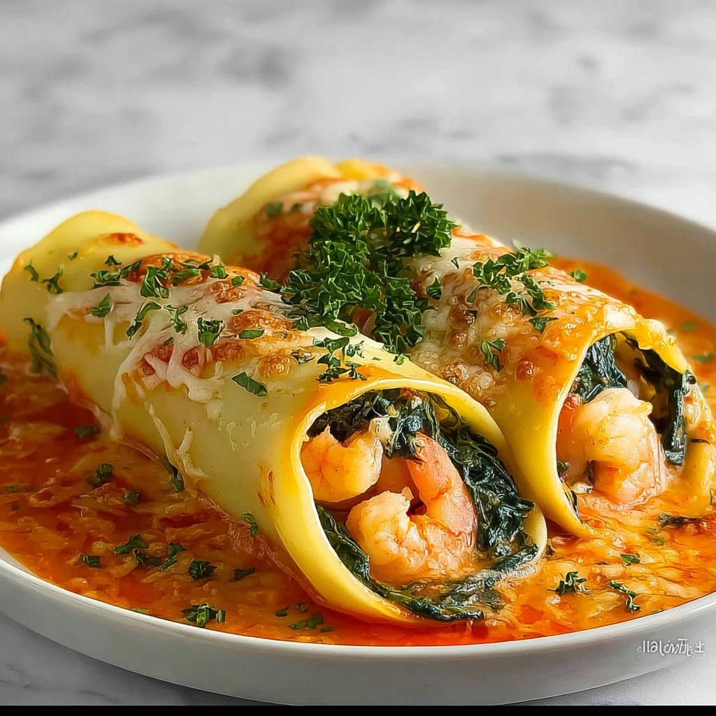 Shrimp & Spinach Stuffed Pasta Rolls with Roasted Red Pepper Cream Sauce Recipe - Recipe Image