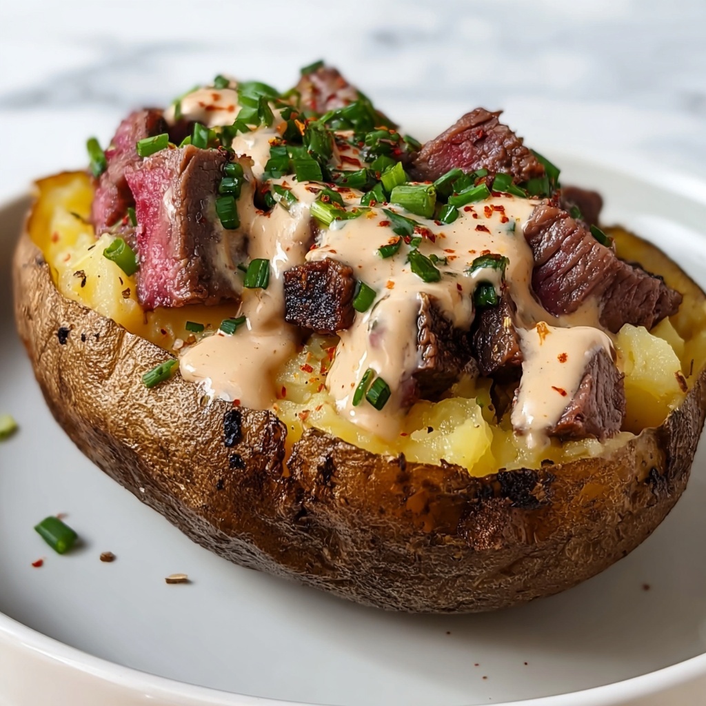 Loaded Baked Potato with Steak Bites and Parmesan Cream Sauce Recipe - Recipe Image