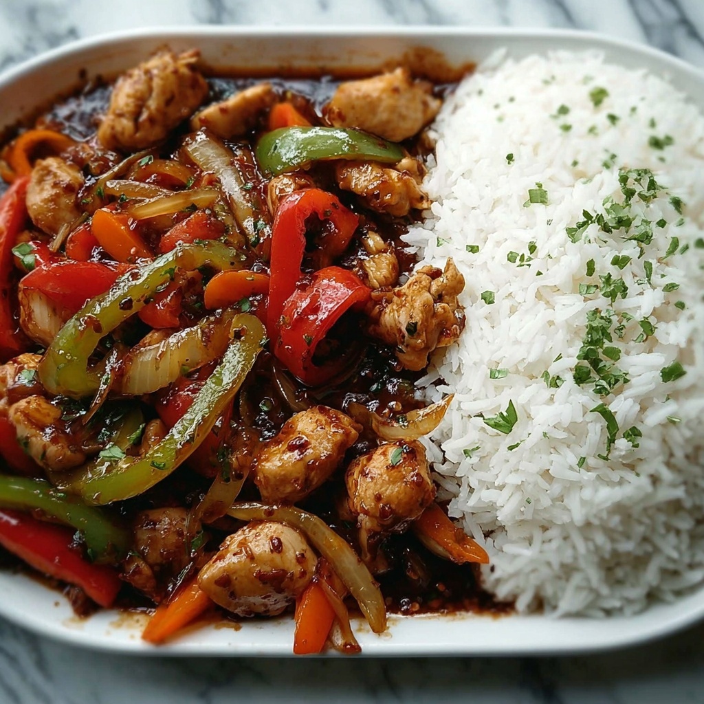 Sizzling Garlic Chicken Stir-Fry with Peppers & Steamed Rice Recipe - Recipe Image