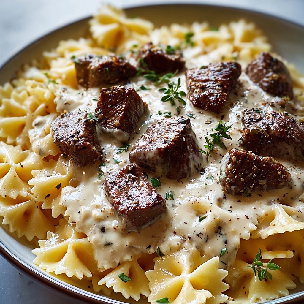 Beef and Bowtie Pasta with Alfredo Sauce Recipe - Recipe Image
