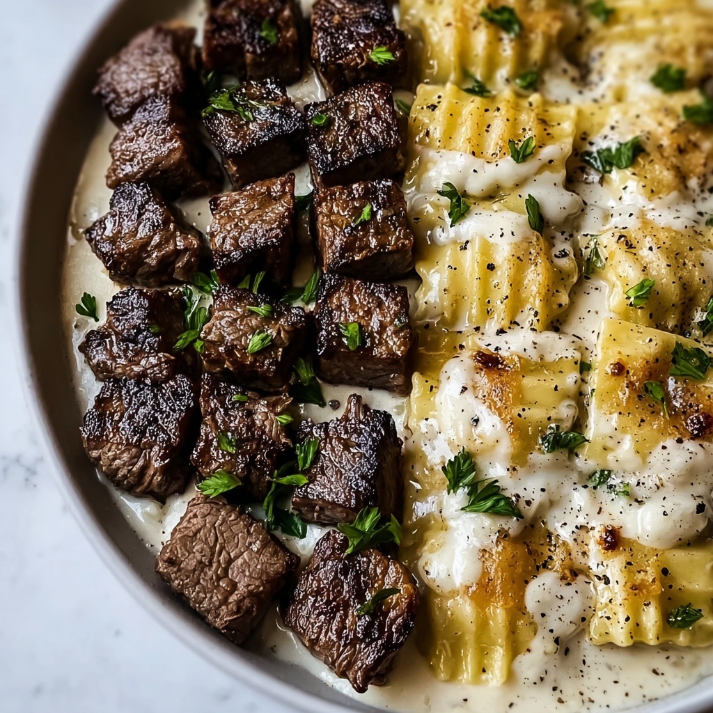 Garlic Butter Steak Bites with Creamy Alfredo Tortellini Recipe - Recipe Image