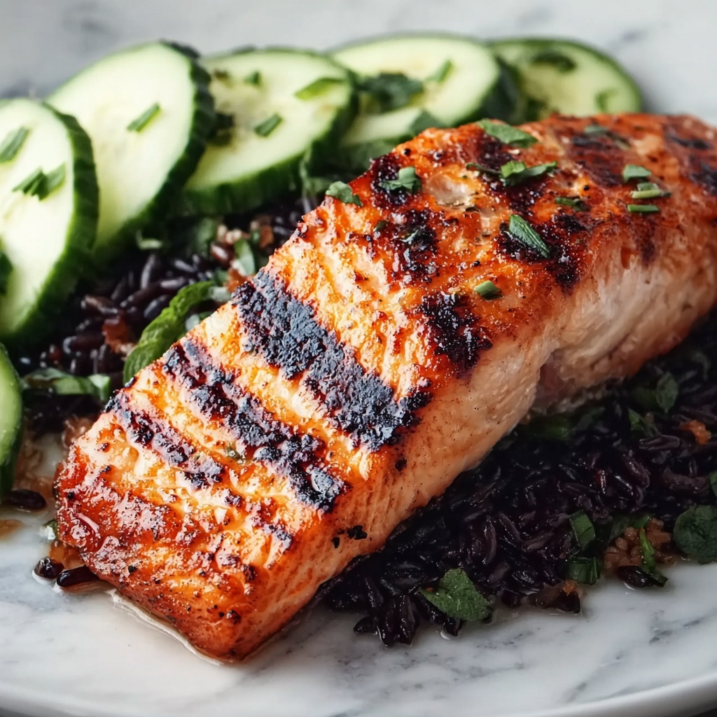 Grilled Salmon with Black Rice and Creamy Cucumber Salad Recipe - Recipe Image