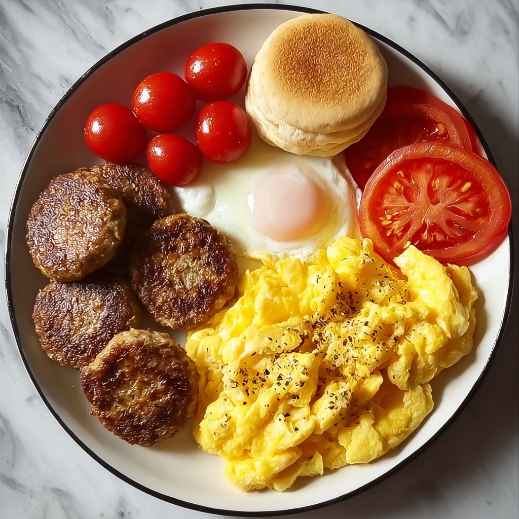 Breakfast Feast with Scrambled Eggs, Sausage Patties, Biscuits, and Tomatoes Recipe - Recipe Image