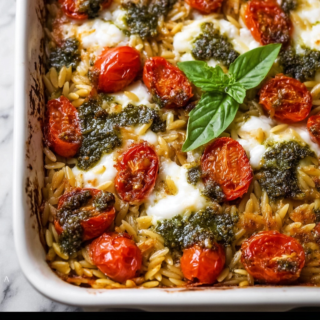 One Pan Caprese Pesto Orzo Bake Recipe - Recipe Image