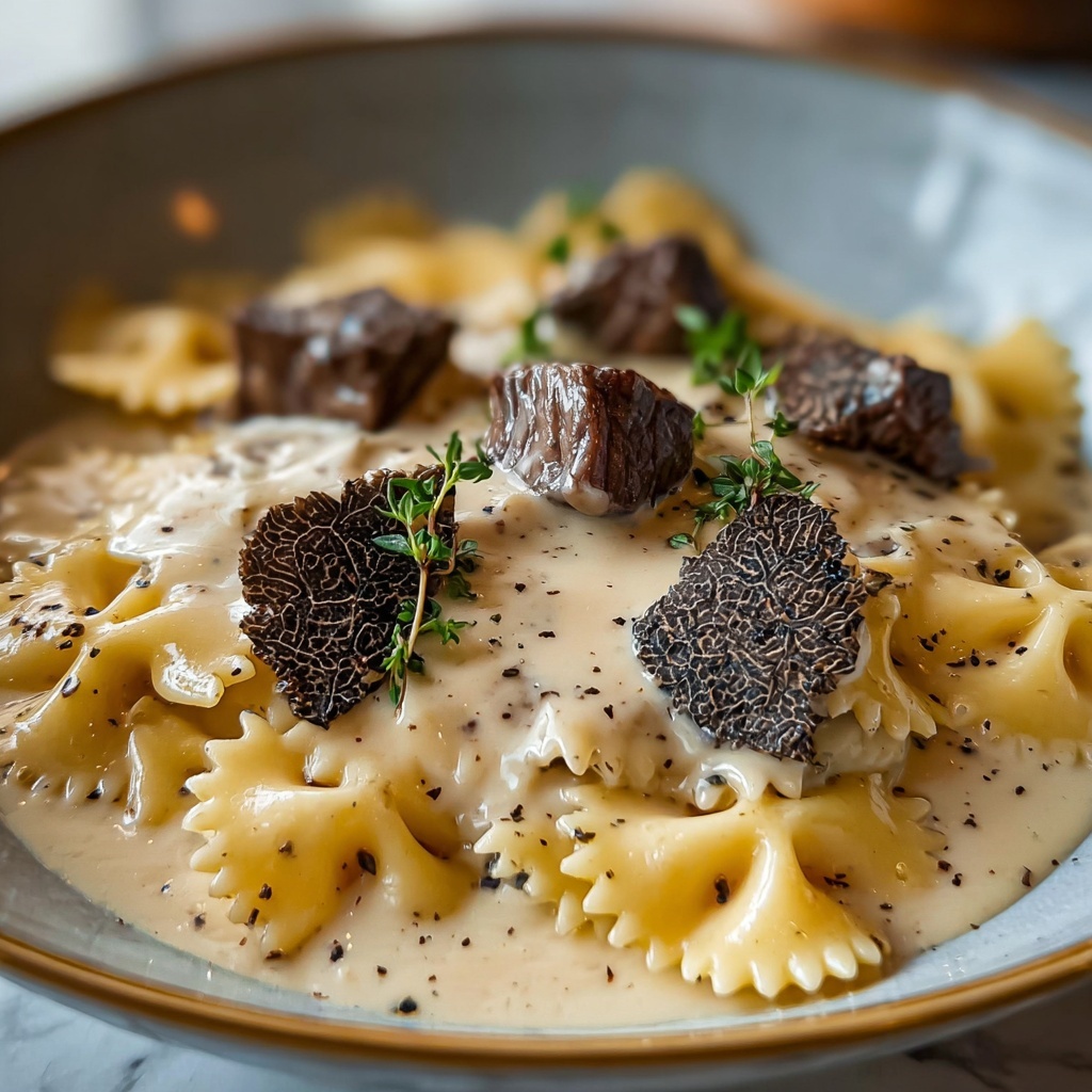 Beef and Bowtie Pasta with Alfredo Sauce Recipe - Recipe Image