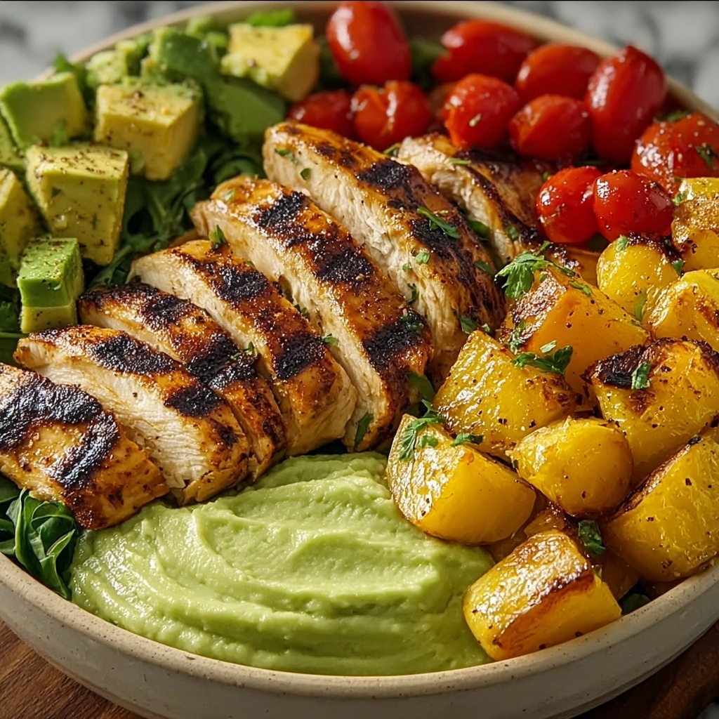 Grilled Chicken Bowl with Creamy Avocado Sauce and Veggies Recipe - Recipe Image