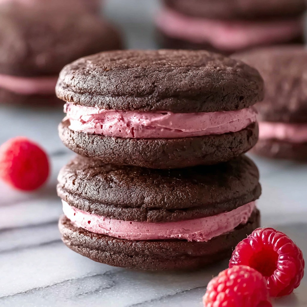 Chocolate Raspberry Sandwich Cookies with Ganache Drizzle Recipe - Recipe Image