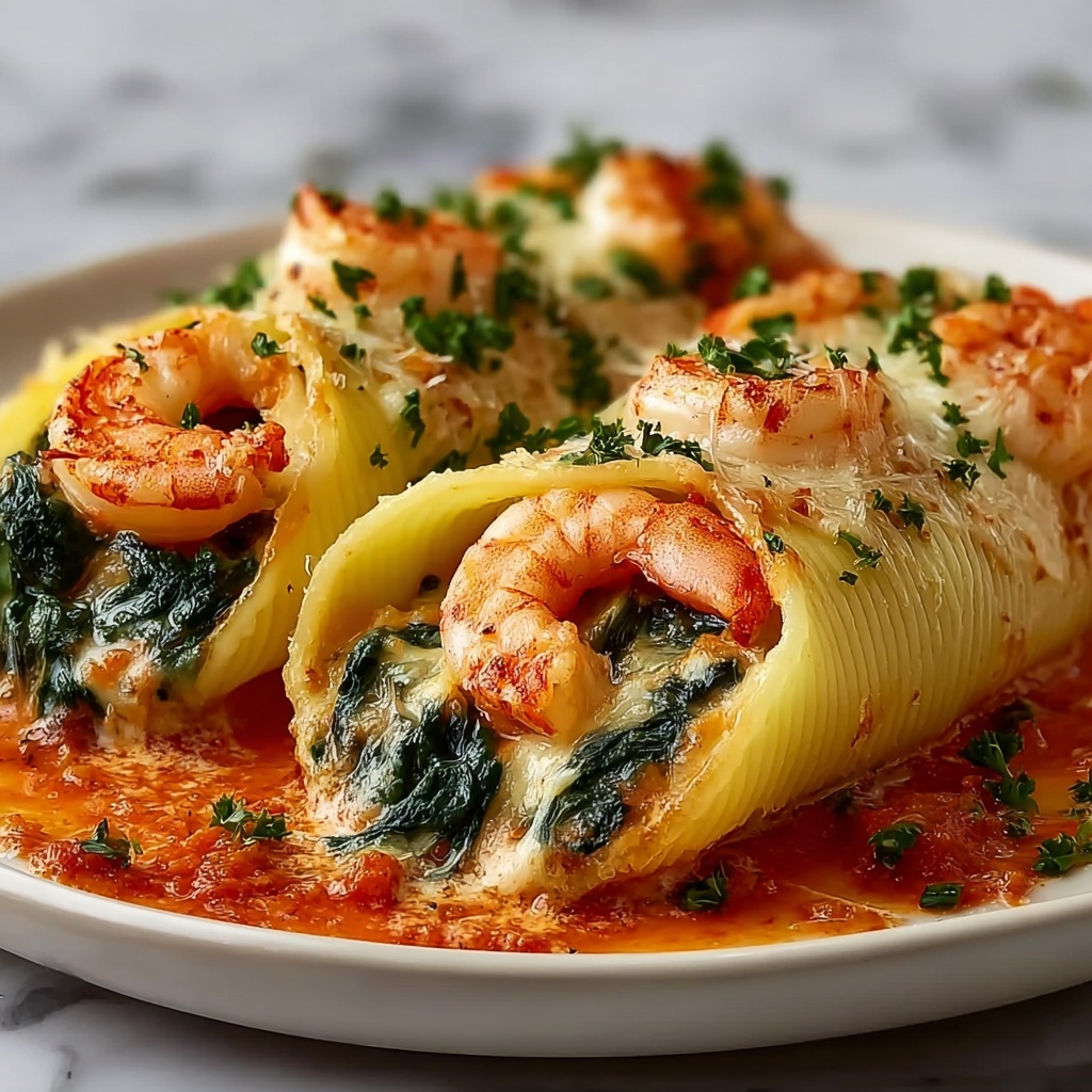 Shrimp & Spinach Stuffed Pasta Rolls with Roasted Red Pepper Cream Sauce Recipe - Recipe Image