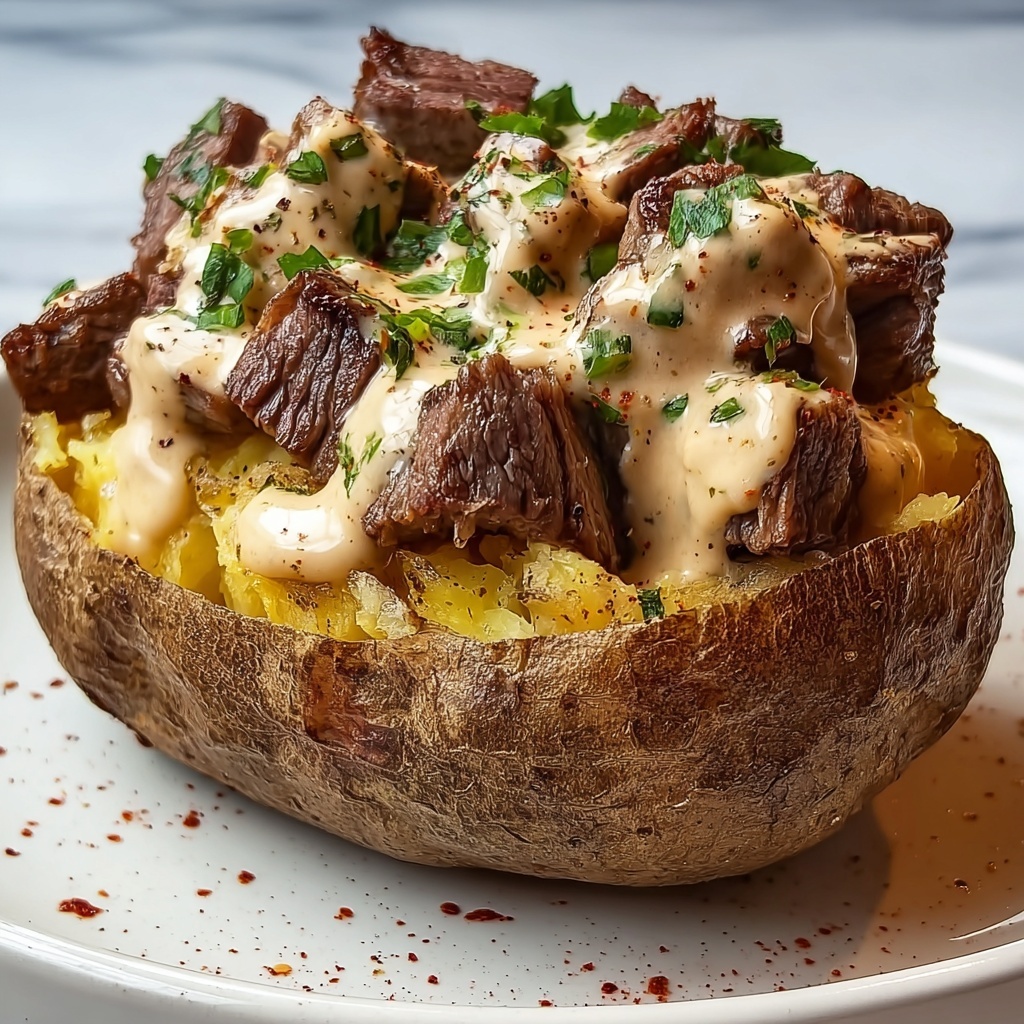 Loaded Baked Potato with Steak Bites and Parmesan Cream Sauce Recipe - Recipe Image