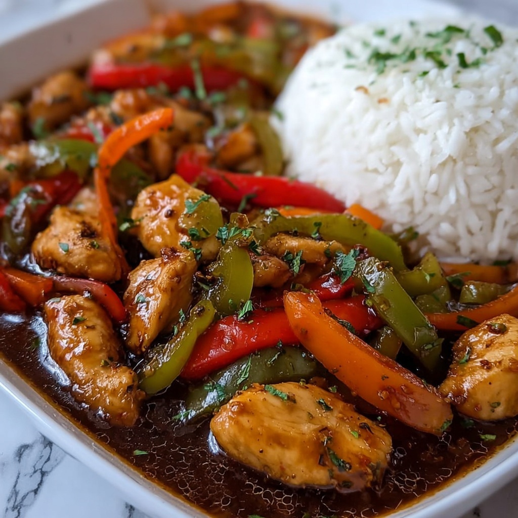 Sizzling Garlic Chicken Stir-Fry with Peppers & Steamed Rice Recipe - Recipe Image
