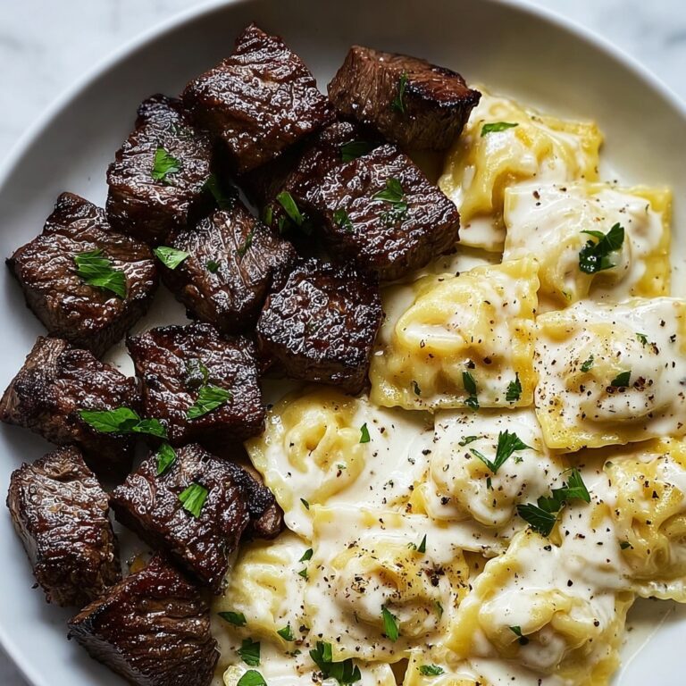 Garlic Butter Steak Bites with Creamy Alfredo Tortellini Recipe