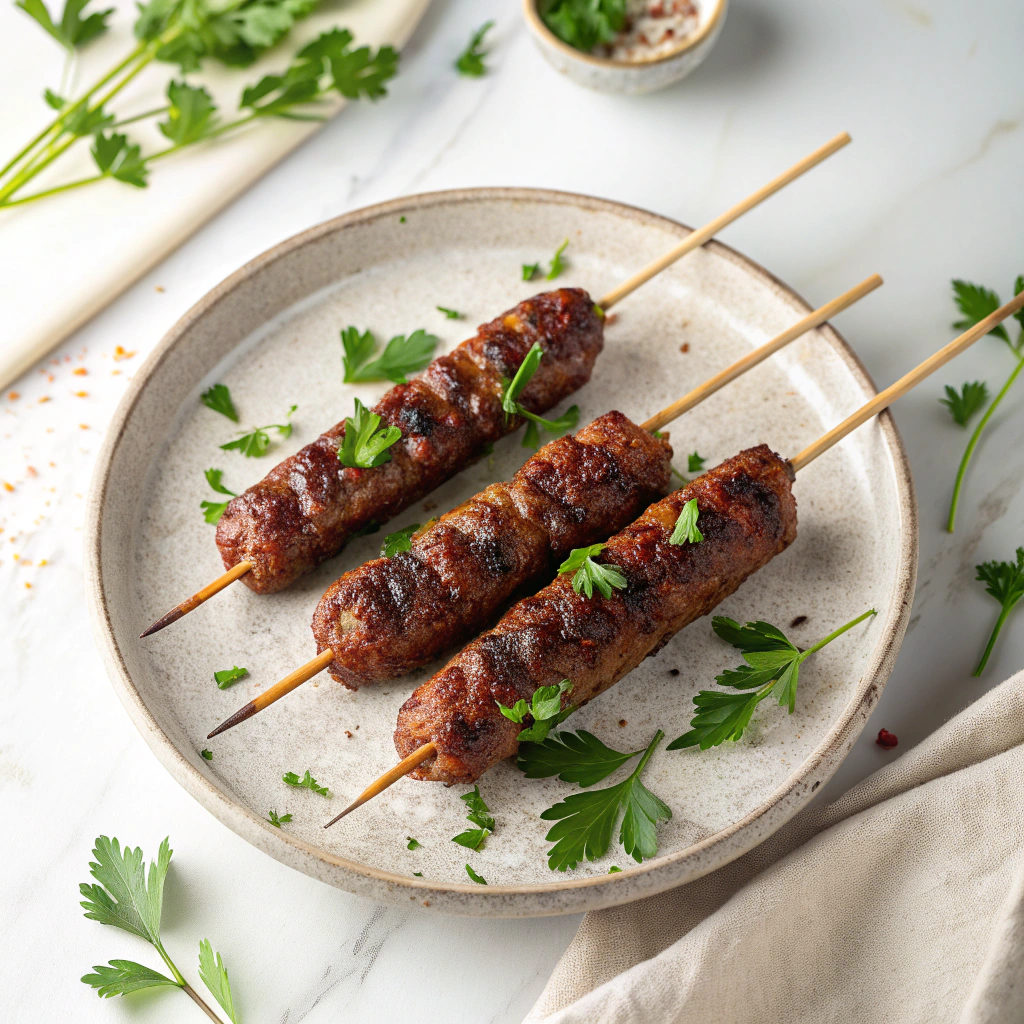 Spiced Kofta Kebabs with Tzatziki, Hummus, and Greek Salad Recipe - Recipe Image