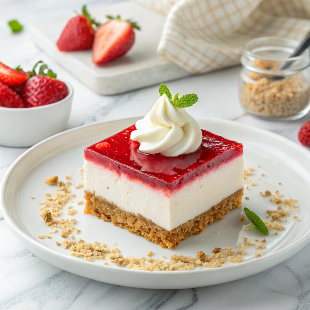 Jello Pretzel Salad with Fresh Strawberries and Cream Cheese Layer Recipe - Recipe Image
