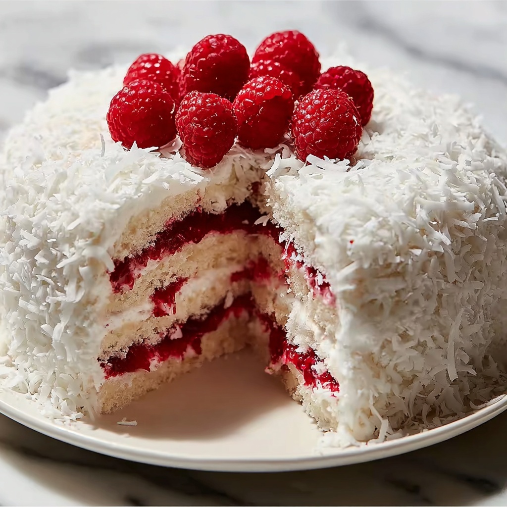 Raspberry Swirl Coconut Snowball Cake Recipe - Recipe Image