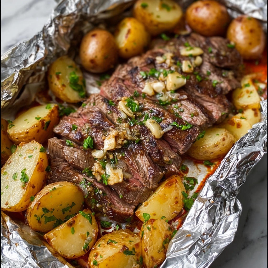 Garlic Butter Steak and Potato Foil Packets Recipe - Recipe Image