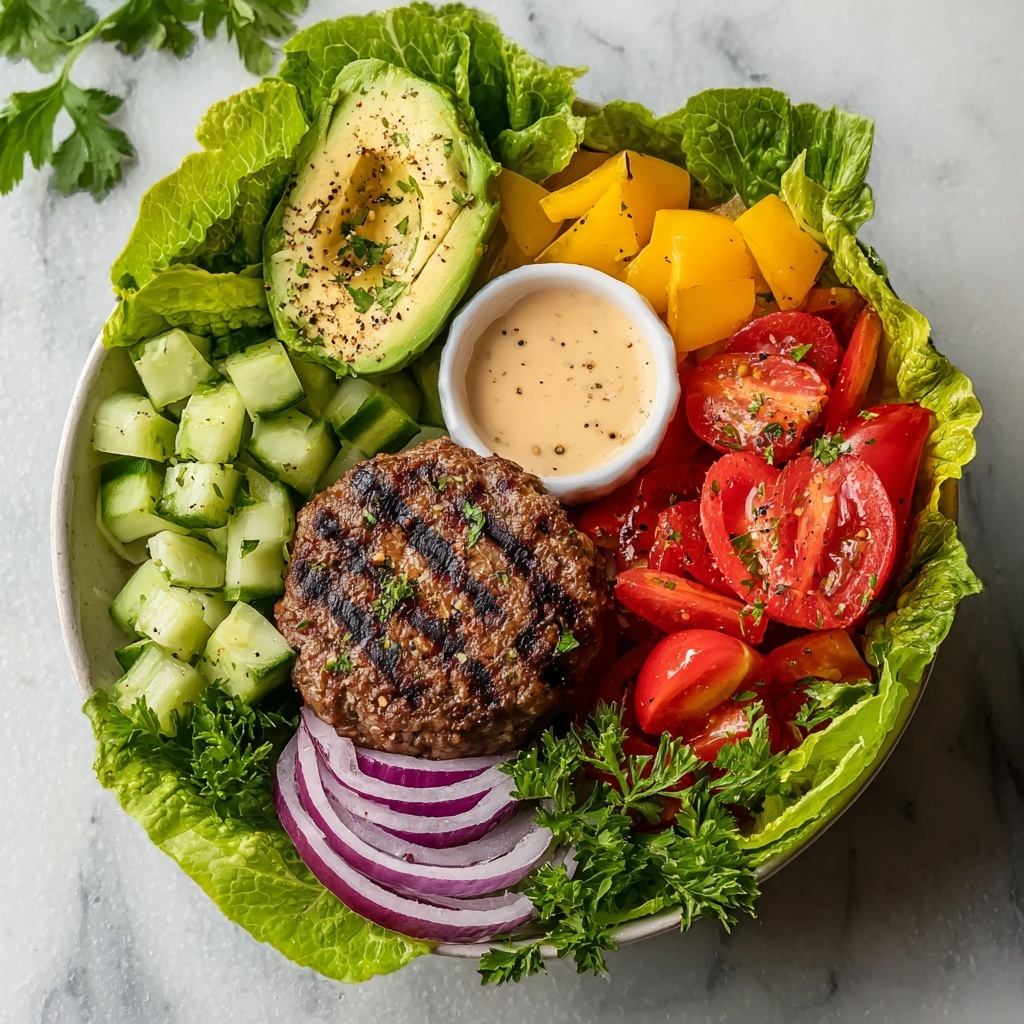 Juicy Grilled Burger Bowls with Fresh Vegetables Recipe - Recipe Image