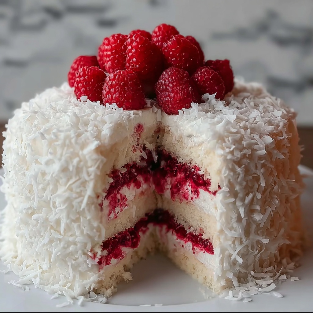 Raspberry Swirl Coconut Snowball Cake Recipe - Recipe Image
