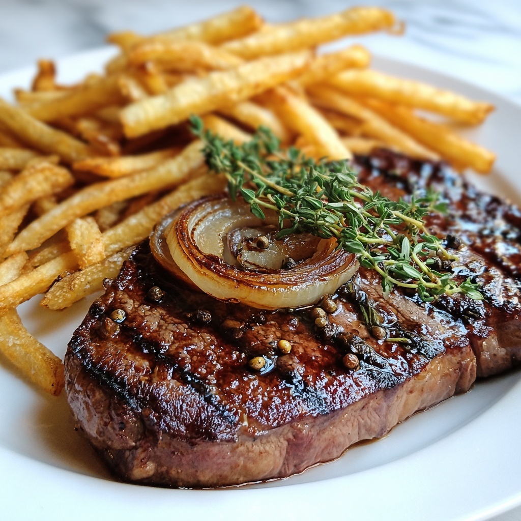 Ribeye Steak with Caramelized French Onions and Crispy French Fries Recipe - Recipe Image