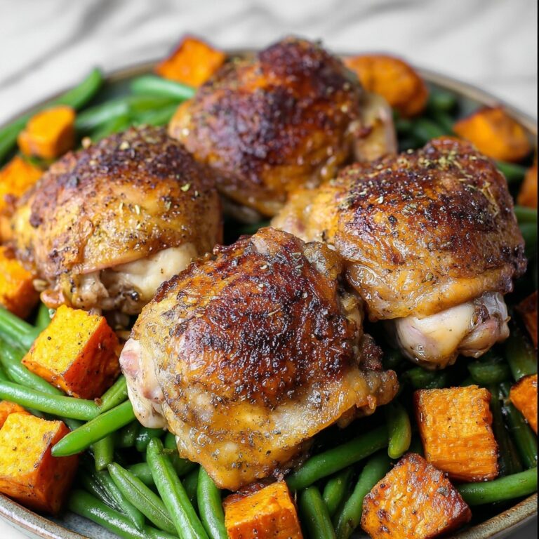 One Pan Maple Mustard Chicken with Sweet Potatoes and Green Beans Recipe