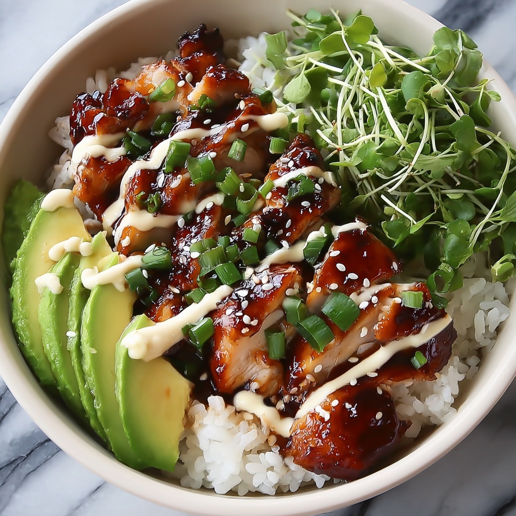 Sticky Chicken Rice Bowls with Spicy Mayo and Sesame Seeds Recipe - Recipe Image